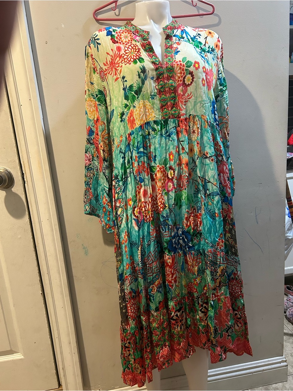 Vibrant Floral Tiered Maxi Dress in Teal and Coral